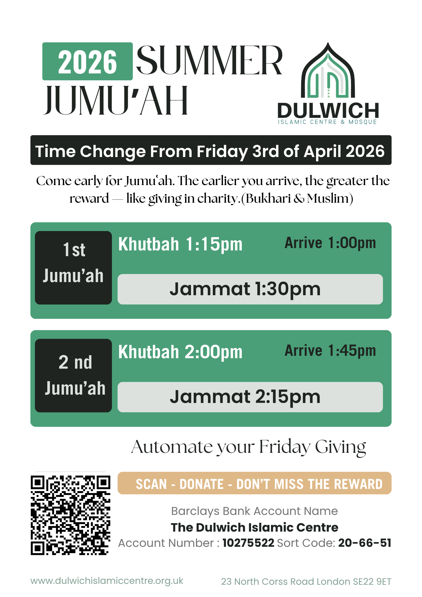 ⏰Jumuʿah prayer times will change from Friday 3rd April 2026.