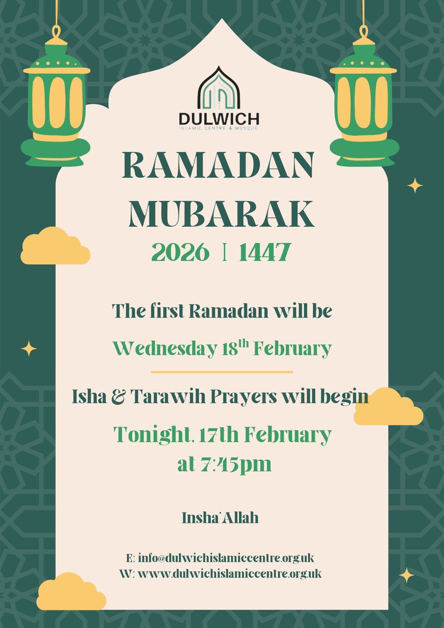 🌙 Ramadan 1447AH Starts Wednesday 18th February 2026 Tarāwīḥ prayer taking place on Tuesday 17th February 2026 @7:45