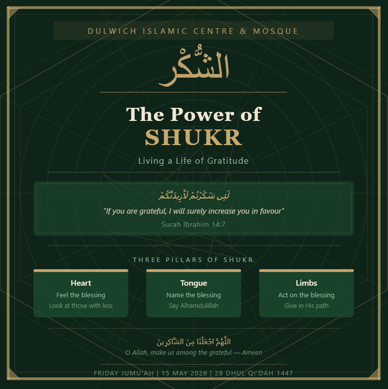  15/05/2026 Jumu’ah Khutbah Summary – Gratitude is an Act of Worship 