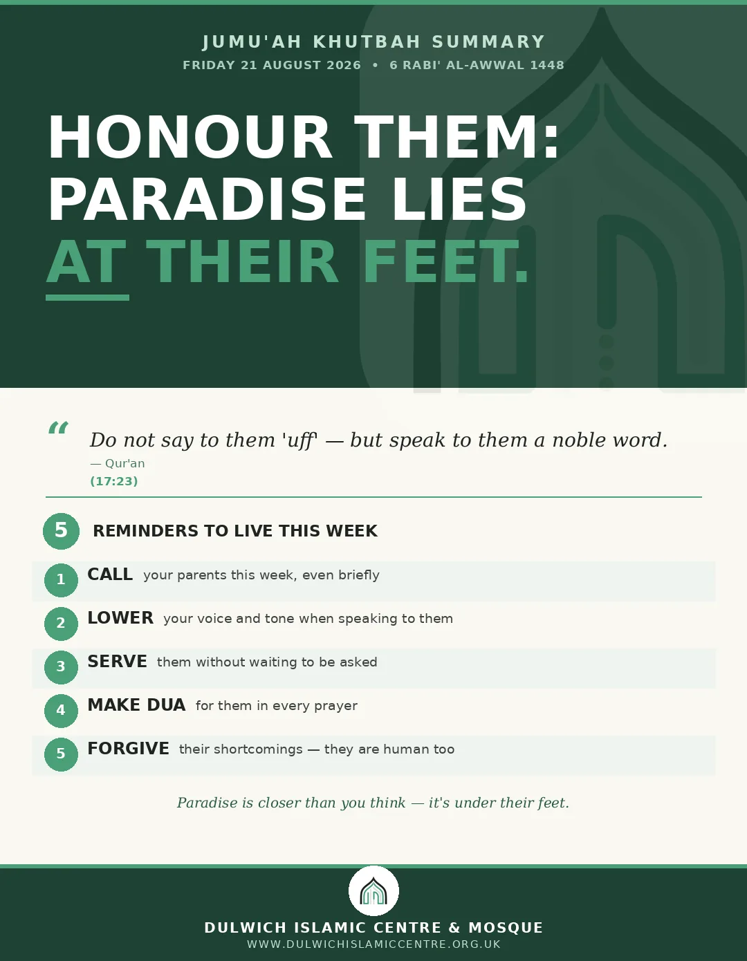 21/08/2026 Jumu’ah Khutbah Summary: Kindness to Parents: Paradise at Their Feet 21/08/2026 Jumu’ah Khutbah Summary: Kindness to Parents: Paradise at Their Feet