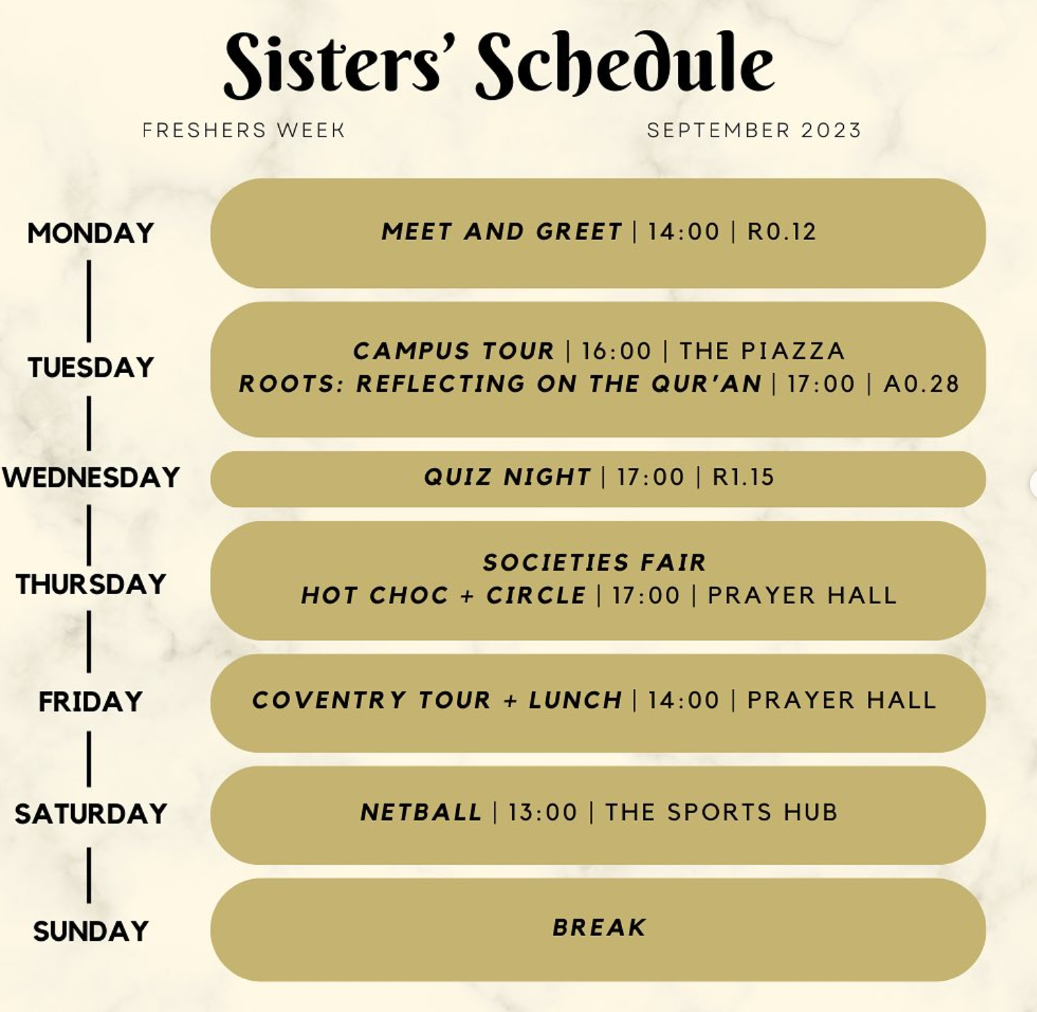 Sisters Freshers Week Itinerary!