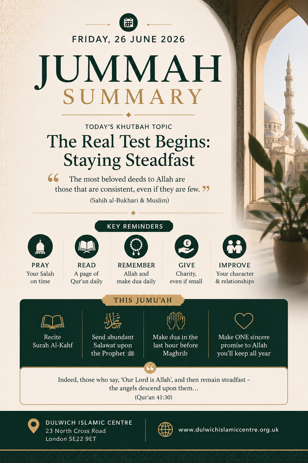26/06/2026 Jumu’ah Khutbah Summary Staying Steadfast: The Real Test Begins 26/06/2026 Jumu’ah Khutbah Summary Staying Steadfast: The Real Test Begins