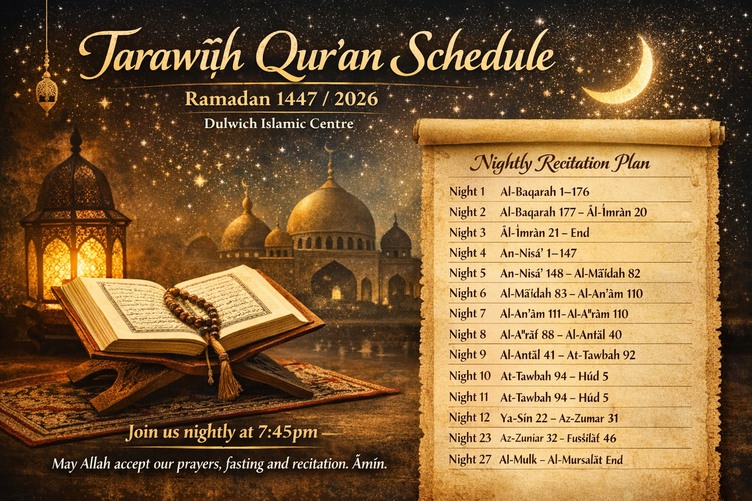 🌙 Tarawīḥ Qur’an Schedule – Ramadan 1447 / 2026