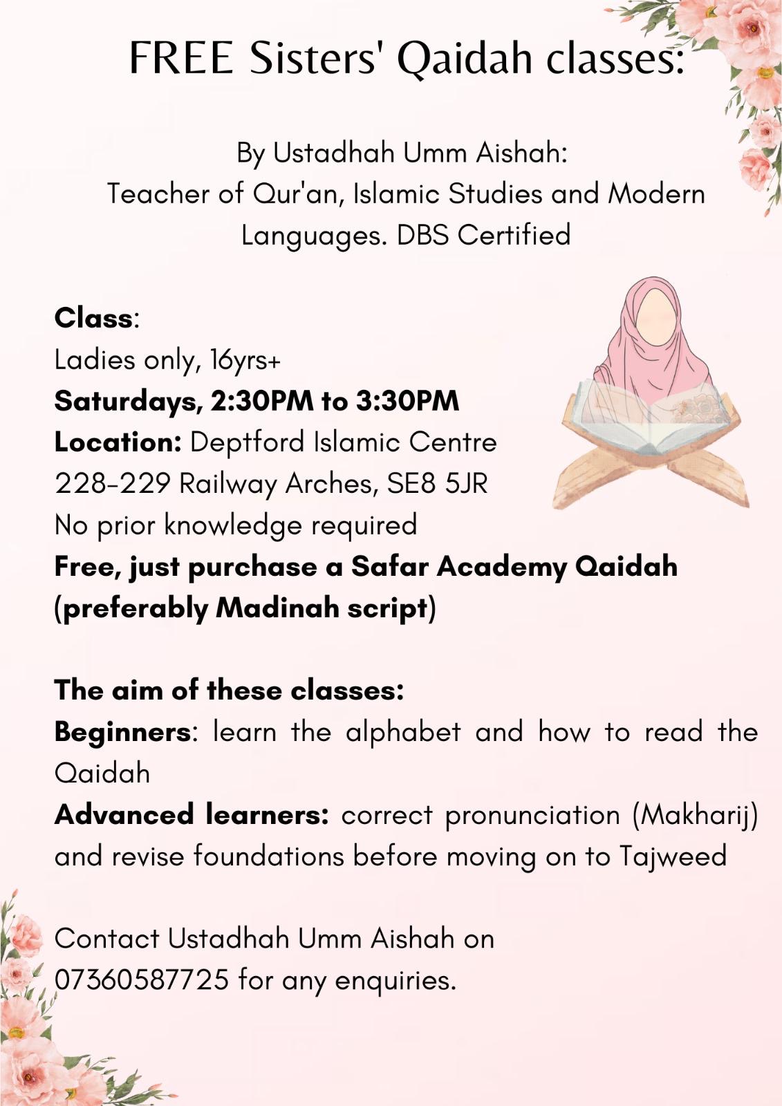 Sisters Qaidah class. Sat 2:30-3:30pm. Learn arabic alphabet and Qaidah.