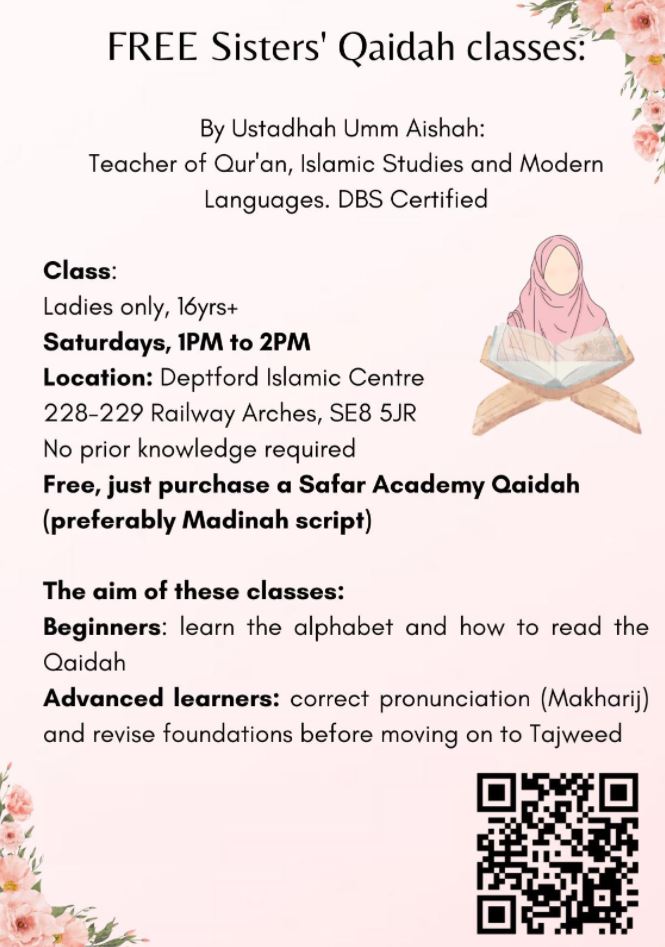 Sisters Qaidah class. Sat 1-2pm. Learn arabic alphabet and Qaidah.