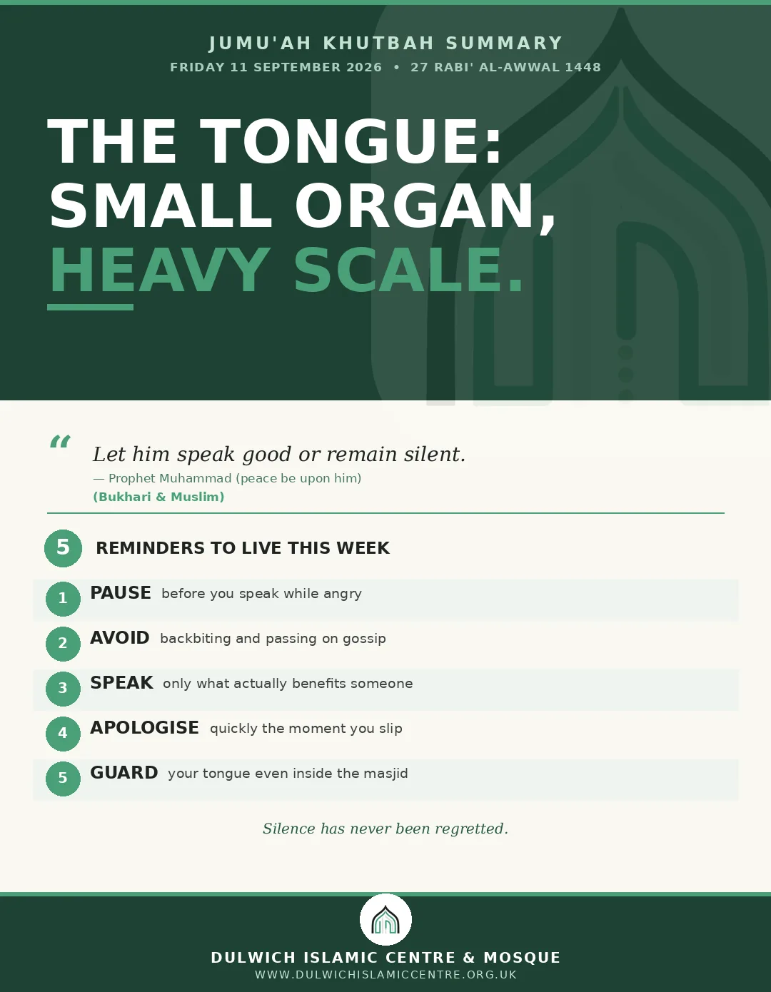 11/09/2026 Jumu’ah Khutbah Summary: Controlling the Tongue 11/09/2026 Jumu’ah Khutbah Summary: Controlling the Tongue