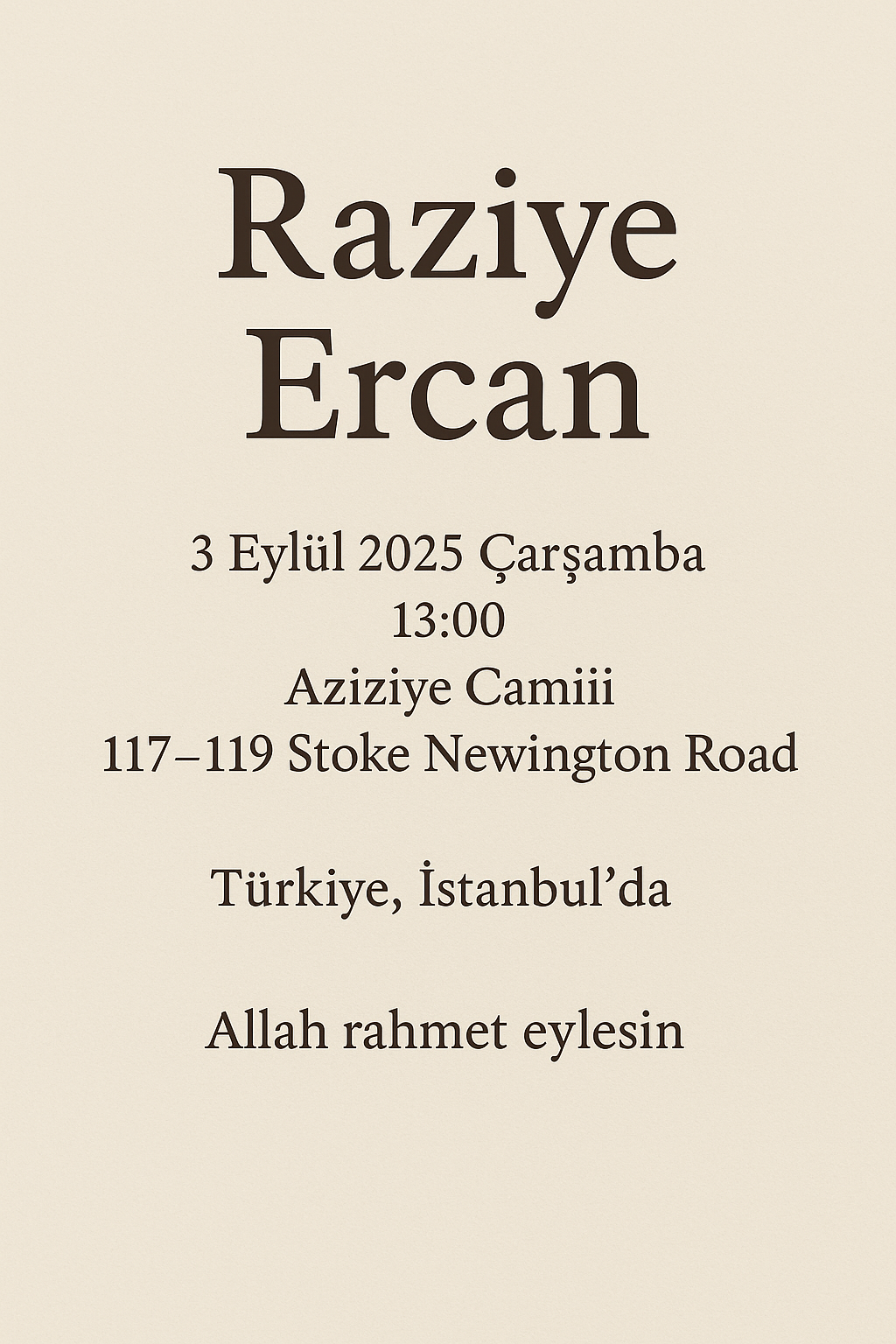 Raziye Ercan Cenaze Duyurusu / Funeral